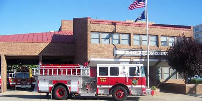 A picture of the Norwood Fire Department with a red fire truck in front of the building (JPG)