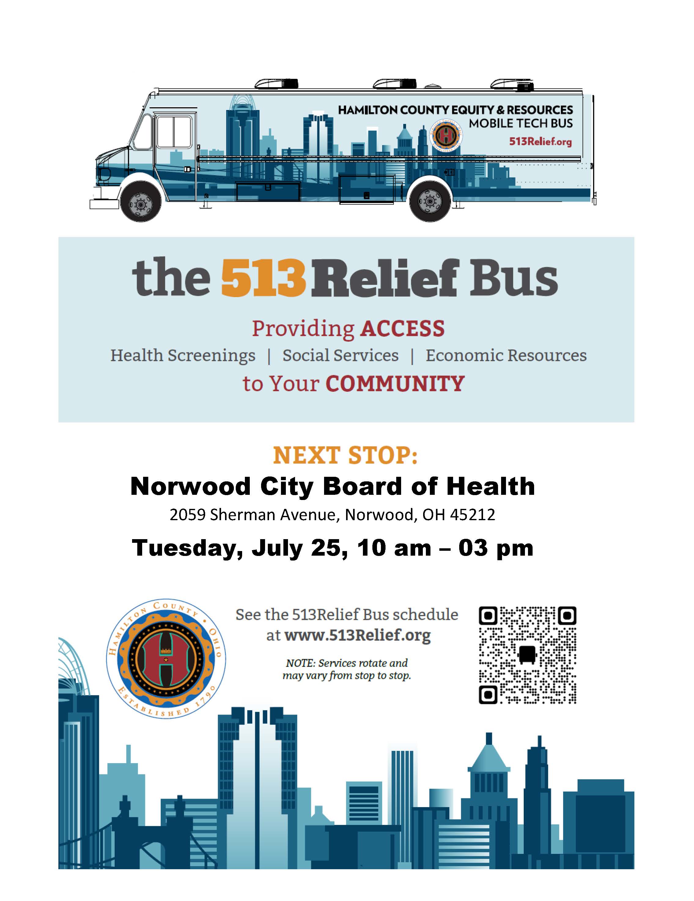 Flyer announcing the return of the 513 Relief Bus on July 25th, 2023 (JPG)
